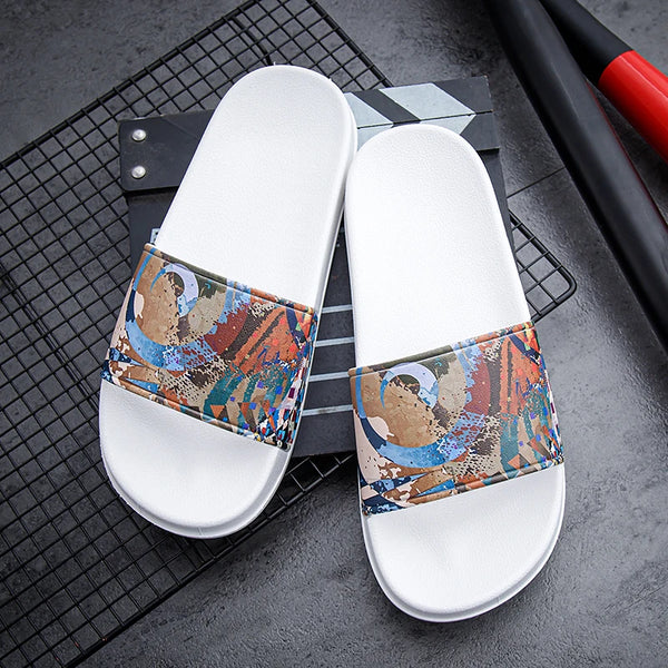 Couples Casual Oil Painting Wind Slippers Summer Soft-Sole Non-Slip Outdoor Beach Shoes Fashion Men and Women's Walking Sandals