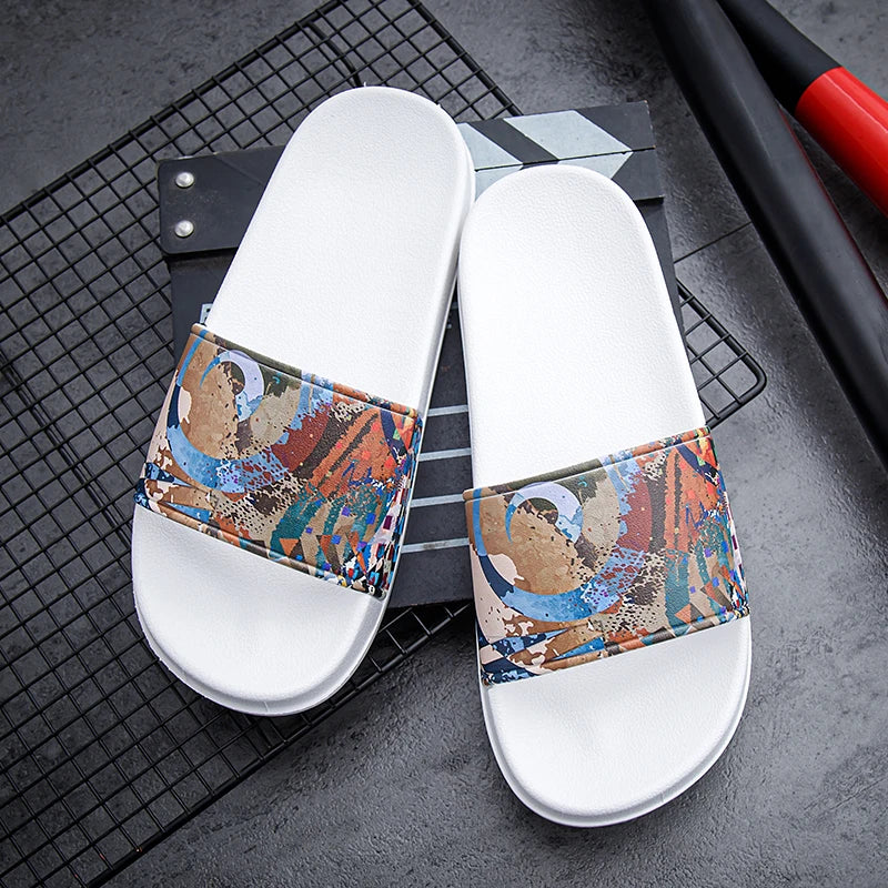 Couples Casual Oil Painting Wind Slippers Summer Soft-Sole Non-Slip Outdoor Beach Shoes Fashion Men and Women's Walking Sandals