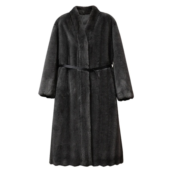 Amii Long Women's Coat 2026 Winter New Commuter V-neck Leather Belt Faux Fur Coat Elegant Warm Loose Outerwear Top 12654014
