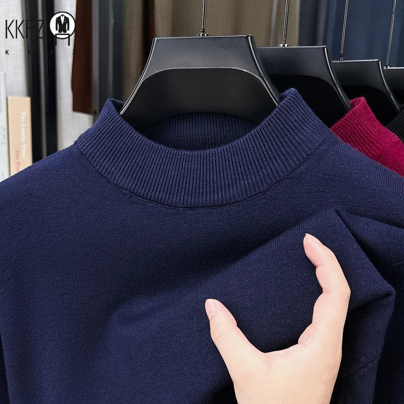 Daily Basic Knit Sweater Men Long Sleeve Mock Neck Rib Collar Autumn Walking Business Casual Pullover