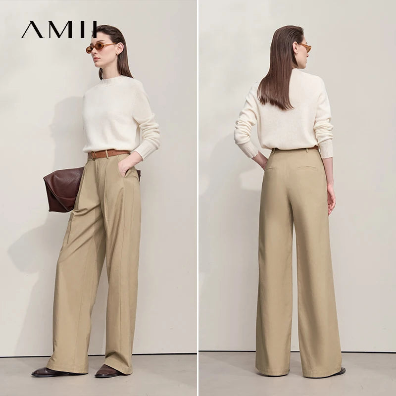 ខោ AMII សម្រាប់នារីធម្មតា រដូវស្លឹកឈើជ្រុះ ឆ្នាំ២០២៥ កប្បាសឆើតឆាយ សាមញ្ញ រលុង ចង្កេះខ្ពស់ ខោជើងវែងបត់ សម្លៀកបំពាក់នារីការិយាល័យ 12553020