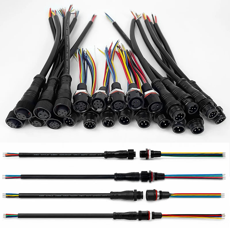 ឧបករណ៍ភ្ជាប់ M12 ប្រុសស្រី 5PCS ធន់នឹងទឹក 2/3/4/5/6/8 ម្ជុល IP65 បន្ទះដែកម៉ោនឌុយជាមួយខ្សែ Pigtail ដែលមានខ្សែភ្ជាប់ជាមុន