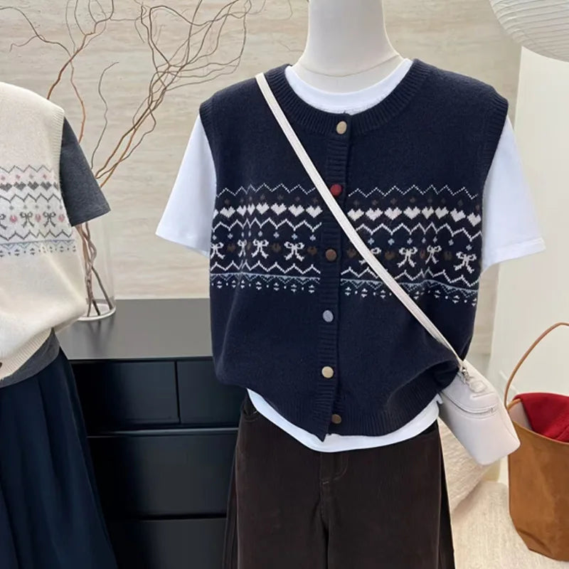 Retro Jacquard Knitted Cardigan Vest Women's Spring Autumn Round Neck Lazy Wind Casual Stacked Top Sleeveless Knitwear Sweater