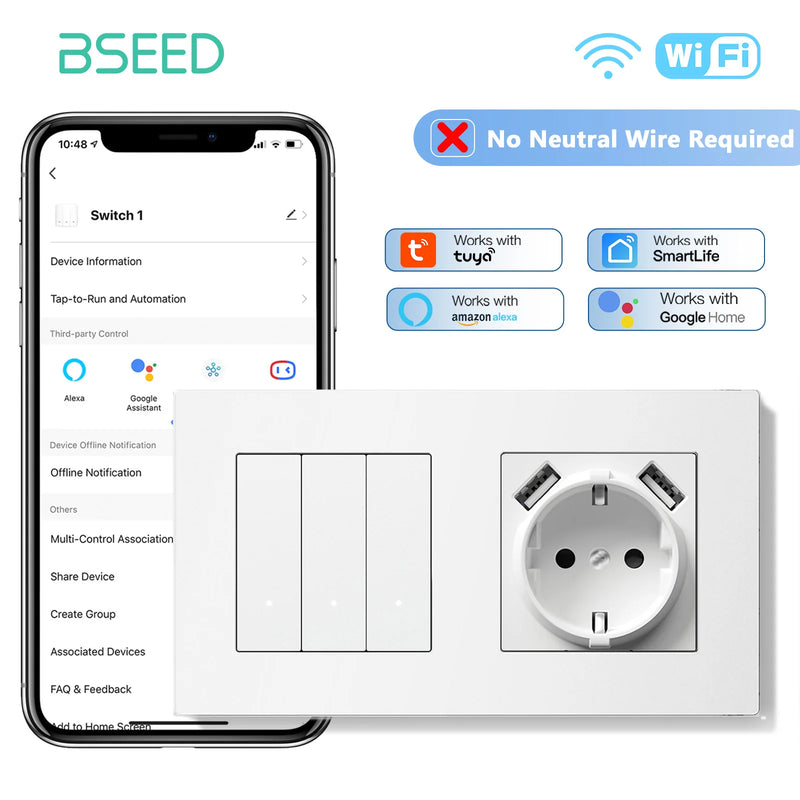 BSEED 1/2/3Gang 2Way WIFI Light Switch Smart Click Switch With EU Wall Socket Plastic Frame Tuya Smart Life No Neutral Line