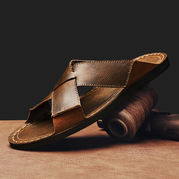 Men Cross Strap Leather Slide Sandals Open Toe Flat Slippers Male Non Slip Rubber Sole Summer Casual Outdoor Beach Shoes Vintage