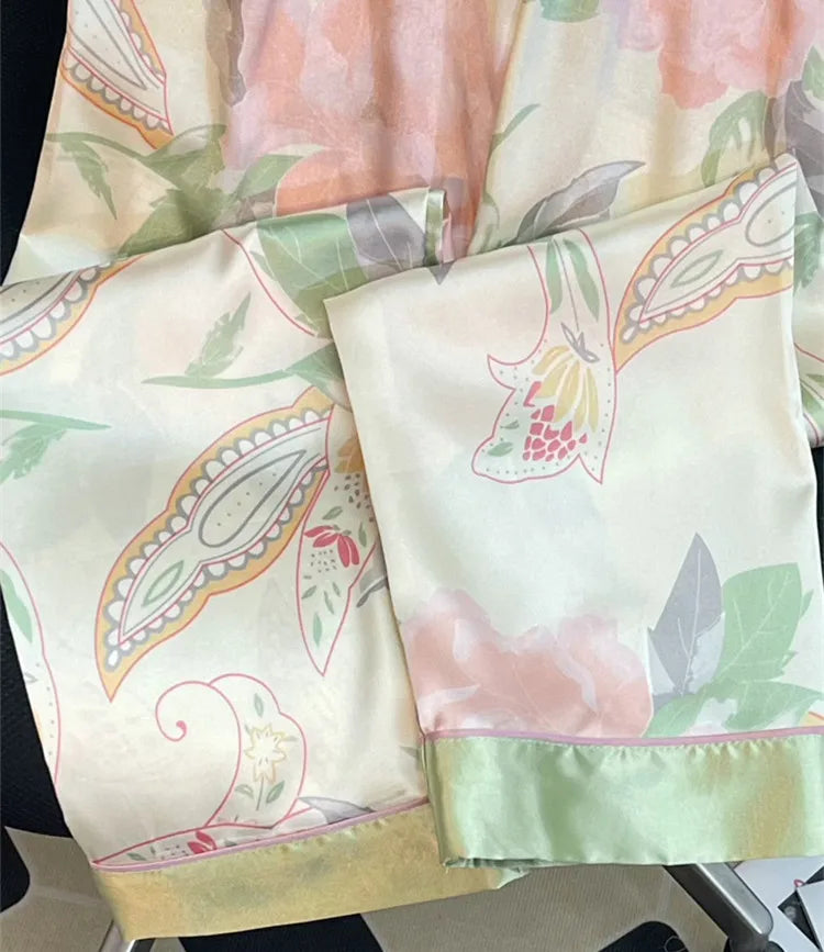 Spring Summer Fresh Printed Women's Pajamas Set New Silk Satin Sleepwear Suit Casual Nightwear Home Wear Female Pyjamas
