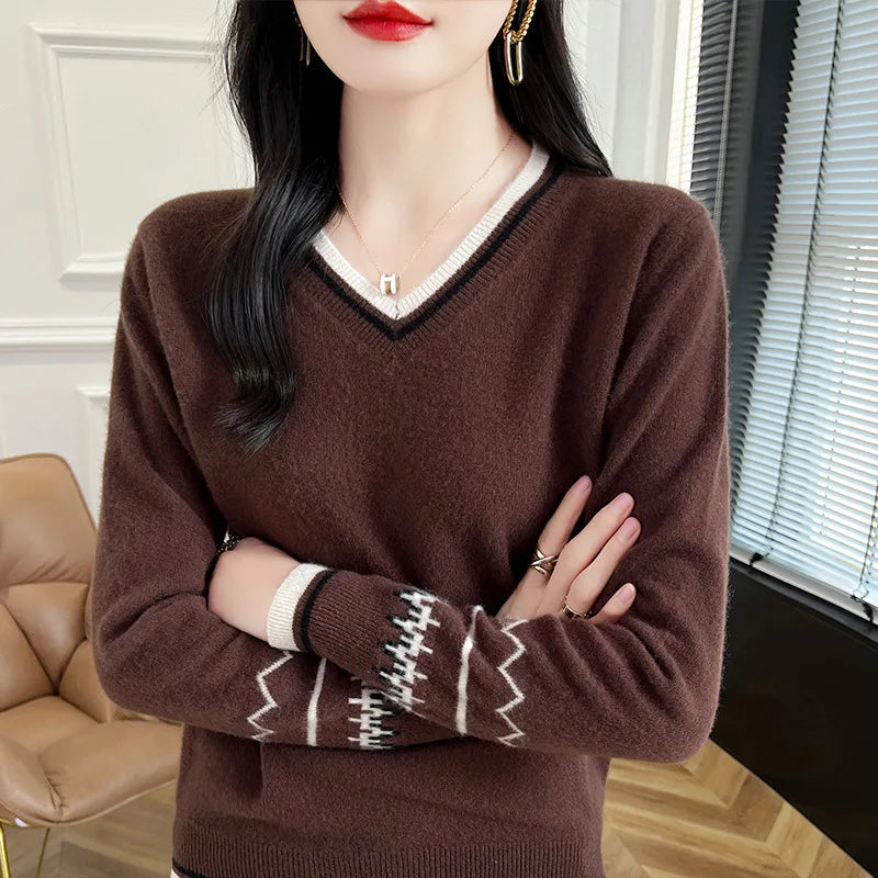 Fashion Hot Sweater Women Spring Autumn Outerwear Jumper Woolen Long Sleeve V Neck Tops Female Knitting Pullover Blouse