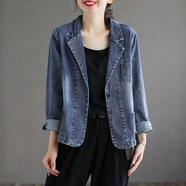 Vintage-style Women's Blue Denim Jacket; Stylish, Casual Single-button V-neck Blazer; Available in Asian Sizes M–3XL.
