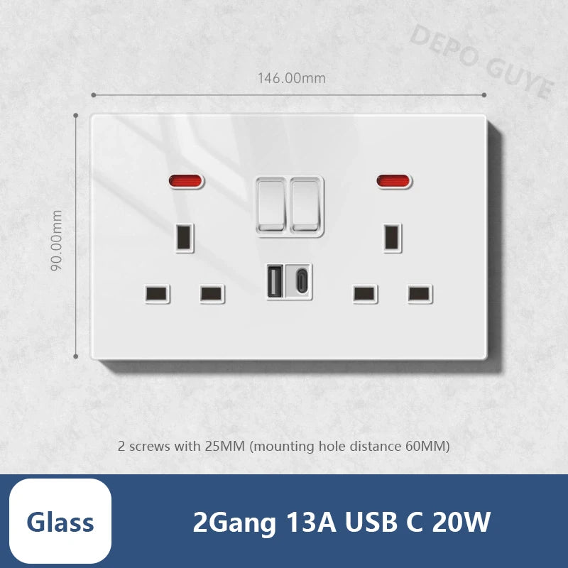 Universal 20W Type-C Wall Quick charge Socket,Dual Switch control Universal Power outlet,White UK Standard USB Interface Socket
