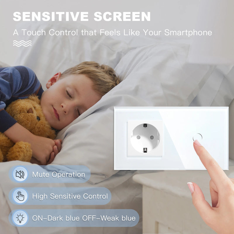 BSEED Wall Electrical Socket With 1/2/3Gang 1Way Touch Light Switch USB Type-c Charge Power Outlet Glass Panel White Wall Switch