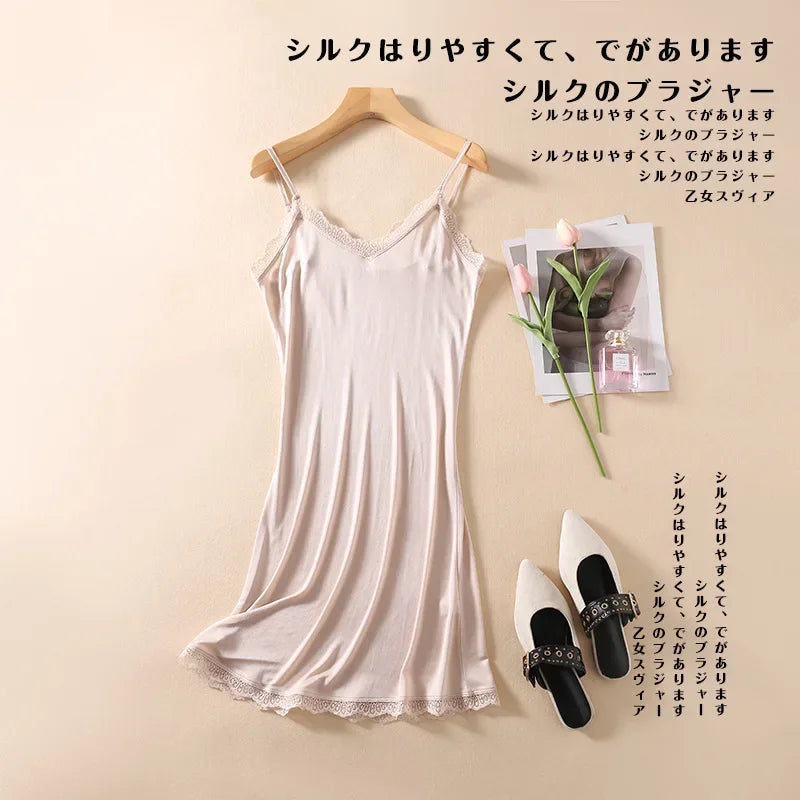 Hot Sale Thin Sling Nightdress Women Summer Nightgown Mulberry Silk V-neck Lace Sexy Suspender Nightdress Ladies' Night Dress