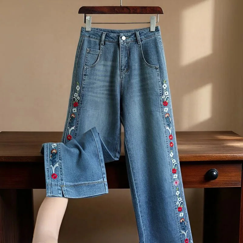 New Fall Women's Blue Wide-Leg Jeans with Embroidery, Asian Sizes, Denim Pants. 2026-2027