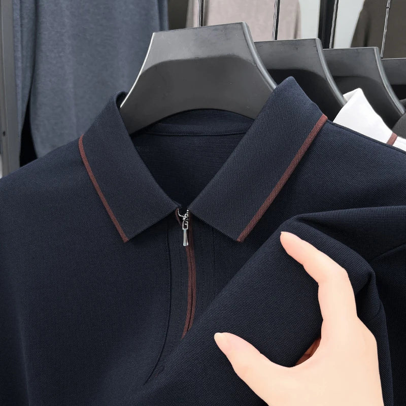 Men's Premium Long-Sleeve Polo Shirt Silk & Wool-Blend Fabric Breathable & Soft -4 Color Options -Upgraded Comfort Design