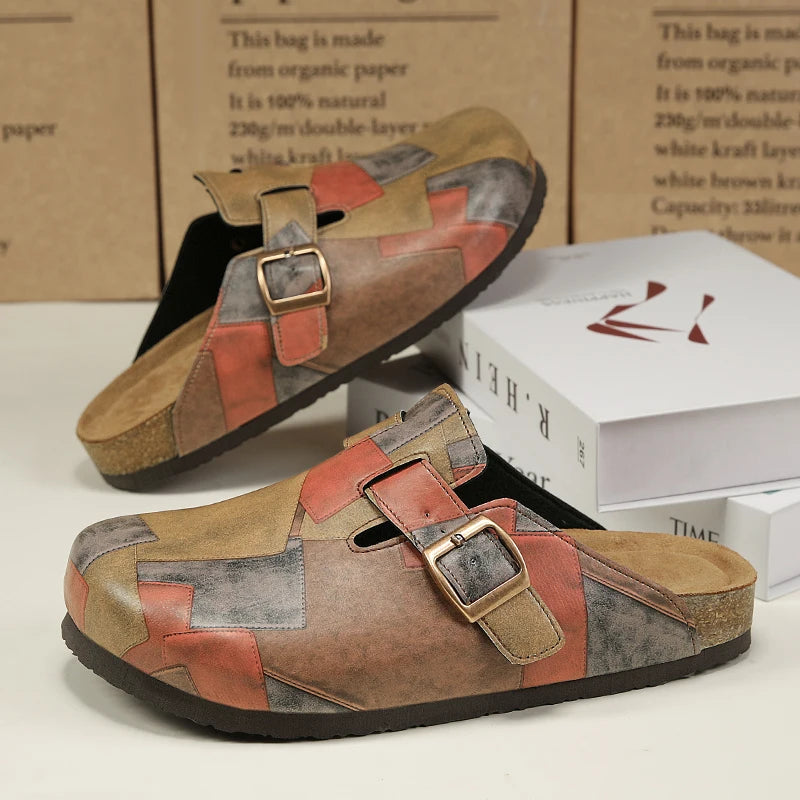 Unisex Cork Closed Toe Slippers Slip-on Clogs Slides Fashion Leather Sandals with Adjustable Buckle Backless Comfort Footbed