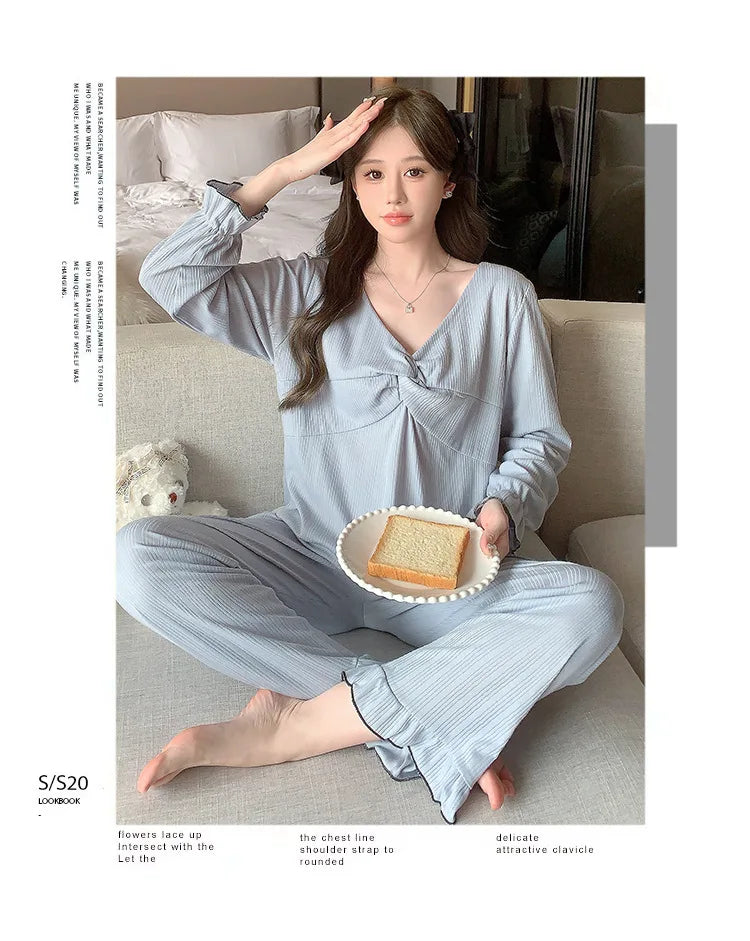 M-5XL NEW Long Sleeve Trousers Suit Ladies Home Clothes Loose Pajamas Set Female Autumn Winter Cotton Pijamas Women Plus Size