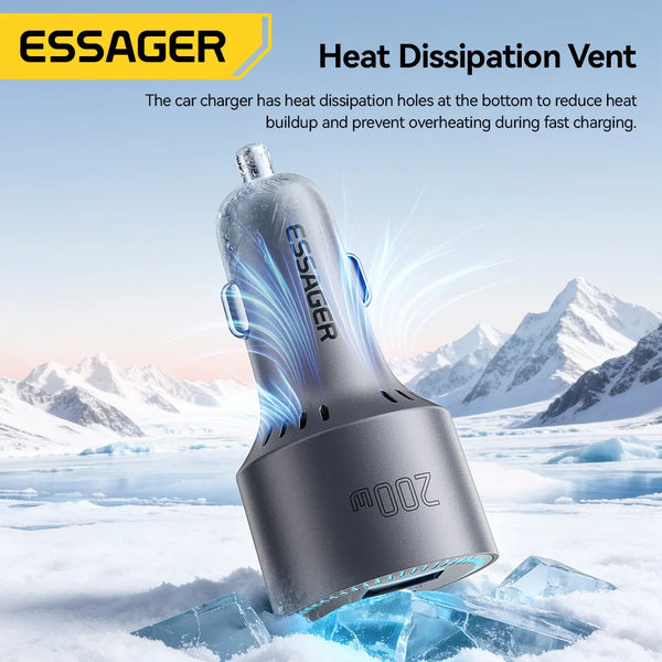 ឆ្នាំងសាករថយន្ត Essager 200W Quick Charge 4.0 PPS PD 100W សាកលឿន USB C ឆ្នាំងសាកទូរស័ព្ទក្នុងរថយន្តសម្រាប់ Macbook iPhone 17 16 Samsung S25