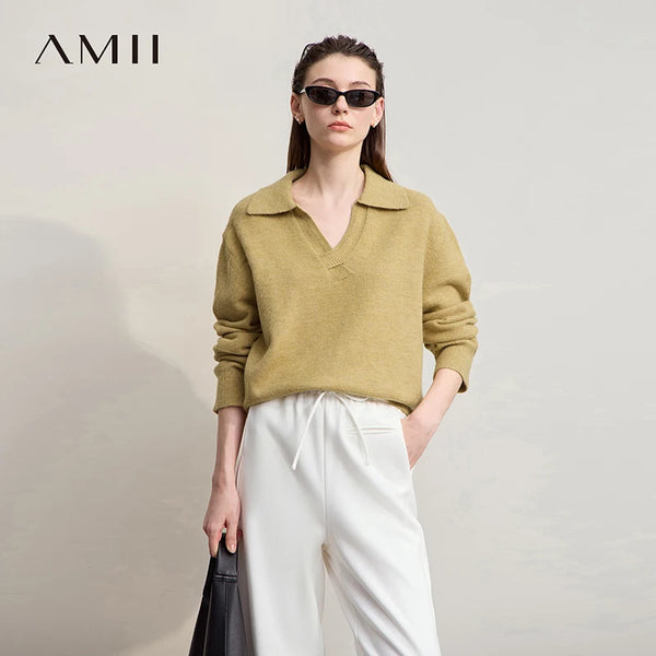 AMII Women's Minimalist Autumn Sweater 2026 New Solid Loose Commuter V-neck Pullover Long Sleeve Tops Female Clothing 12544108