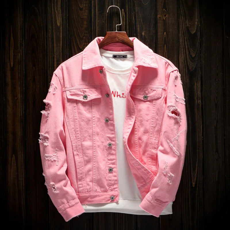 Men's Red Long-sleeve Jacket for Spring and Fall; Black Denim Coats with A Turn-down Collar, Available in Orange, White, Pink.