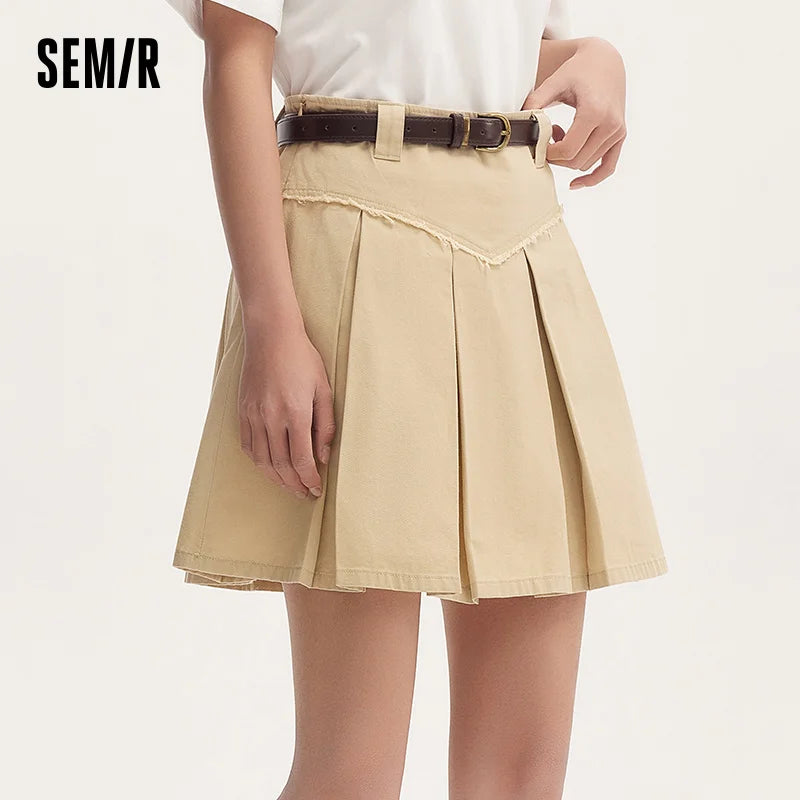 Semir Women's Salt & Sweet Style A-Line Mini Skirt Summer Edgy Raw Hem Pleated Retro Skirt with Belt