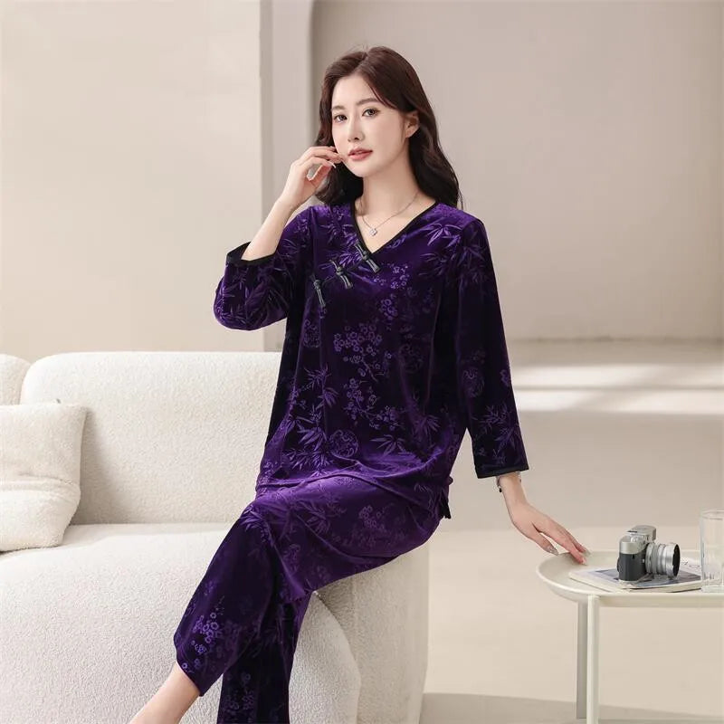 XL-6XL Plus Size Sleepwear For Sleeping Set New Gold Velvet Women's Pajamas Spring Autumn Printed Home Clothes Lounge Pijama