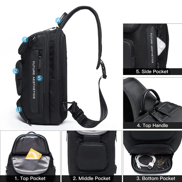 BANGE Men's Anti-theft Chest Bag Shoulder Strap USB Rechargeable Crossbody School Gym Pack, Men Sports Waterproof Shoulder Bag