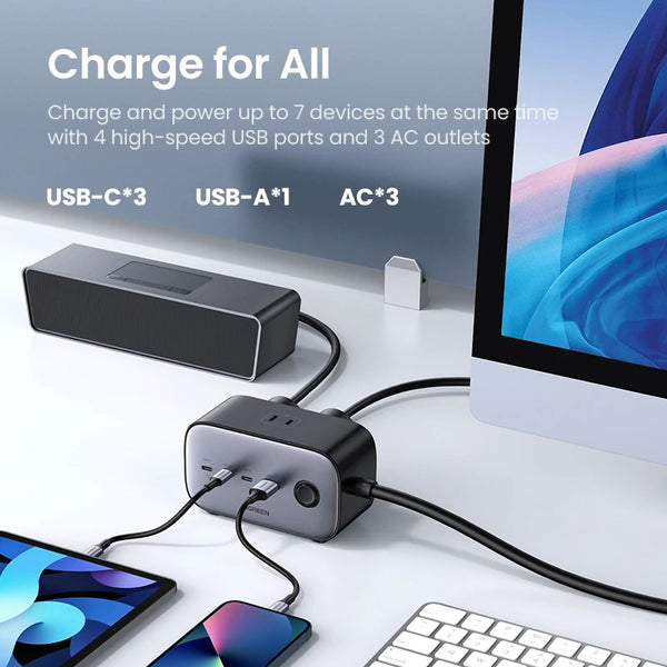 ឆ្នាំងសាក UGREEN 100W GaN Desktop Charger Power Strip Charging Station Fast Charger សម្រាប់កុំព្យូទ័រយួរដៃ Macbook iPhone 17 16 Pro ឆ្នាំងសាកទូរស័ព្ទ