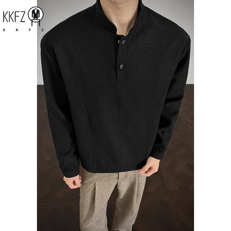 Mens Stand Collar Long Sleeve Top Partial Button Closure Decorative Seam Craft Loose Fit For Office Commute Leisure Outfit