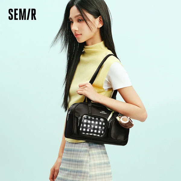 កាបូបស្ពាយស្ត្រី Semir លំនាំ Checker សមត្ថភាពធំ រចនាប័ទ្ម Tote កាបូបស្ពាយធម្មតាសម្រាប់ទីក្រុង កាបូបស្ពាយប្រចាំថ្ងៃ 2026
