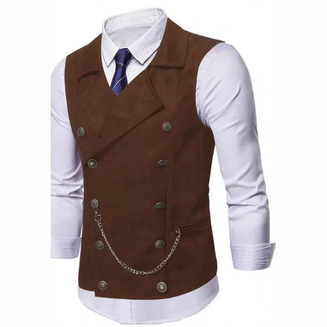 2026 Black Double-breasted Men's Suit Vests, Brown V-neck Sleeveless Vest Jacket, Dark Blue Business Casual Waistcoat.