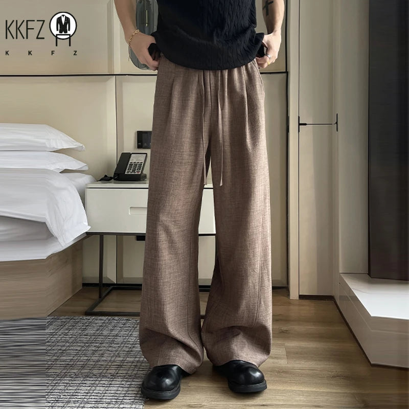 Breathable Linen Texture Wide Leg Trousers Men Elastic Drawstring Waist Side Pockets Versatile Everyday Summer Streetwear