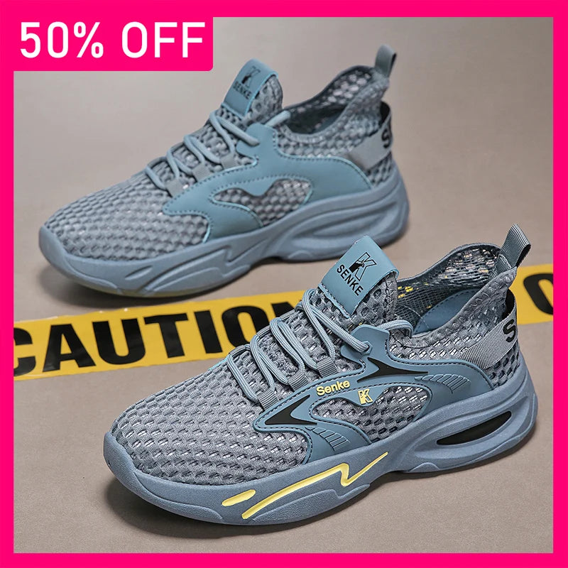 Men Sports Shoes Fashionable Lace Up Breathable Mesh New Anti Slip Wear-resistant Soft Sole Comfort Outdoor Walking Tennis Shoes