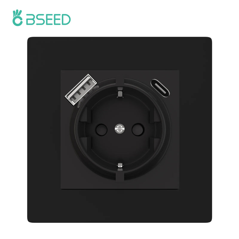 BSEED Single Wall Power Socket Double Type-C USB Phone Charge Port Triple Outlets Black Plastic Panel 16A 110V-240V