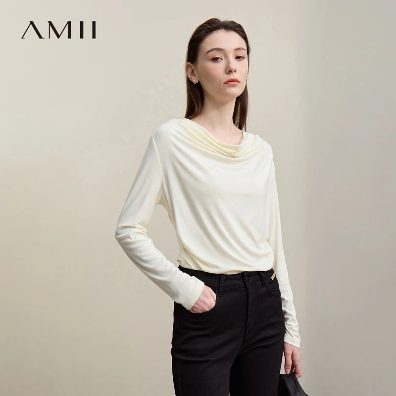 Amii Long Sleeve T-Shirt  Autumn New Elegant Swing Collar 2026 Women's Tee Shirt Casual Versatile Solid Color Knit Tops 12641022