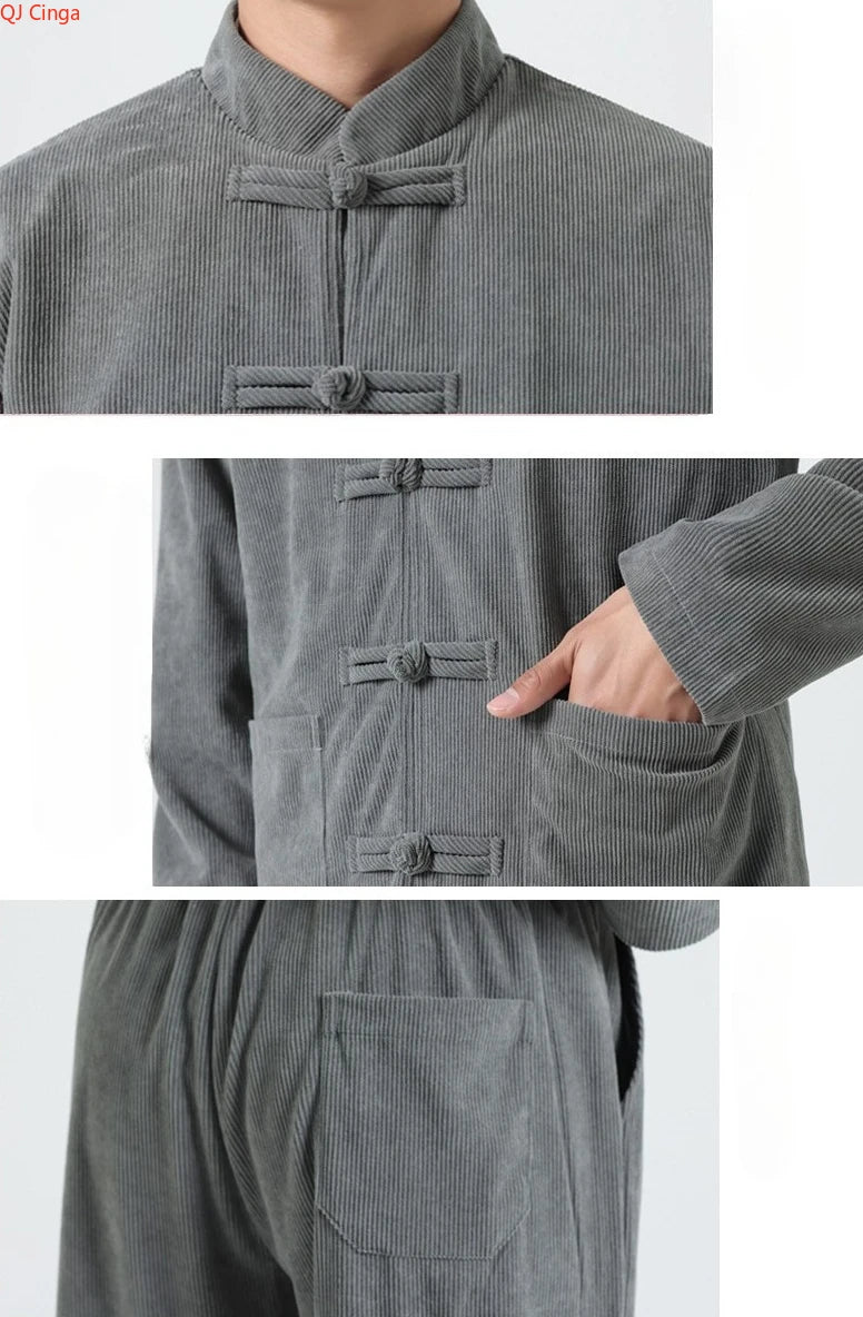 2026 Men's 2-Piece Set in Black Corduroy Fabric, Featuring A Chinese-inspired Single-breasted Stand-up Collar Jacket with Pants.