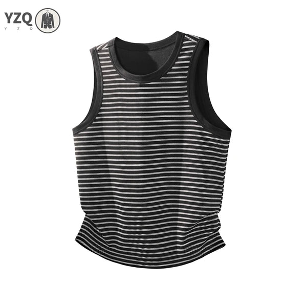 Male Slim Striped Sleeveless Knit Tank Top Crew Neck Comfort Breath Undershirt For Fitness Activities And Everyday Casual Look