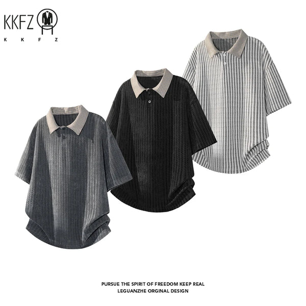 Mens Textured Knit Short Sleeve Polo Top Contrast Collar Oversized Cutting Suitable For Vacation Dating And Casual Scenes