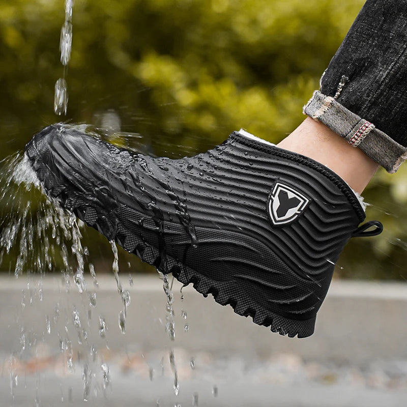 Men's warm plush rain shoes winter non-slip waterproof outdoor fishing water shoe fashion youth casual wading camping rain boots