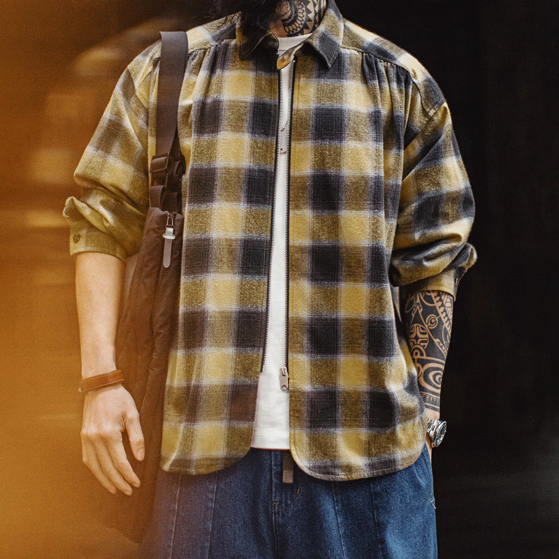 អាវ បុរស Maden បែប Retro Plaid អាវ កប្បាស មាន ខ្សែ រ៉ូត ជាមួយ កអាវ បើក ចុះ សម្រាប់ រដូវផ្ការីក និង រដូវស្លឹកឈើជ្រុះ
