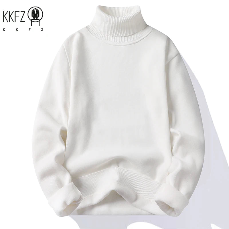 Male Long Sleeve Turtleneck Knit Top Thick Fleece Lining Warm Thermal Pullover Loose Fit Daily Casual Basic Clothes