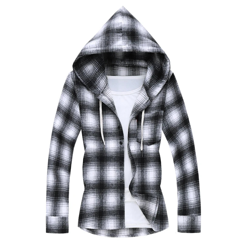 2026 New Men's White Plaid Hooded Shirt, Single Breasted, Long Sleeve Shirts, Black Fashion, Casual Tops