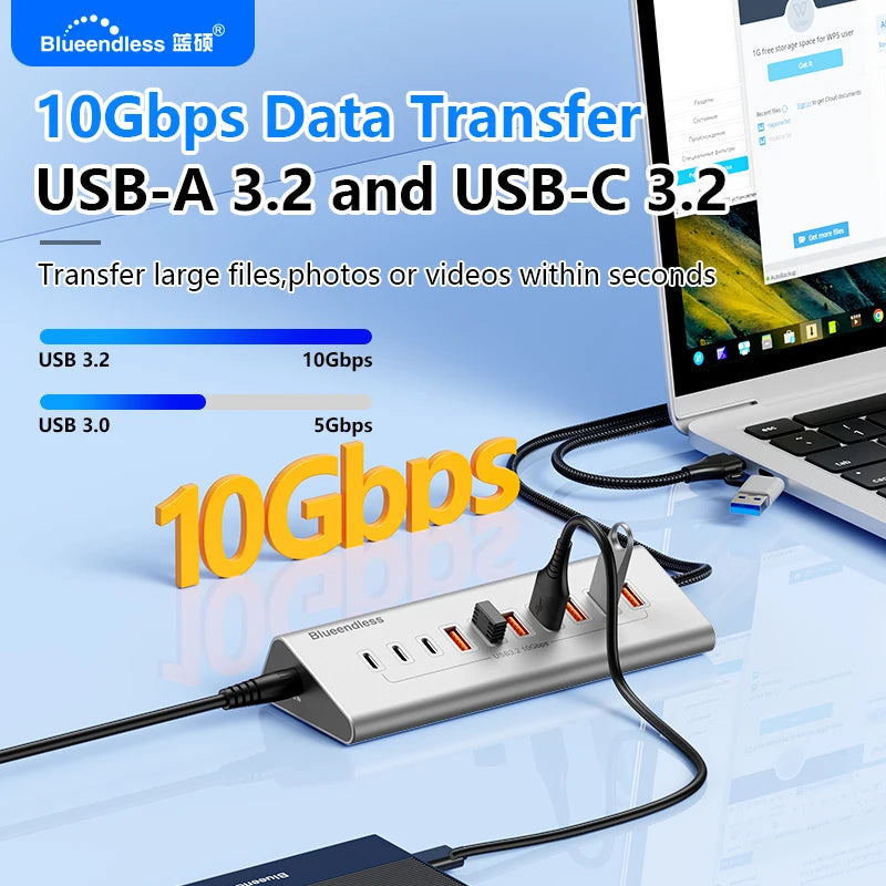 ស្ថានីយ៍ចត HUB អាលុយមីញ៉ូម Blueendless 10Gbps USB3.2 Gen2 4/10 រន្ធ USB-C USB-A ប្រភេទ C ឧបករណ៍បំបែកសម្រាប់កុំព្យូទ័រកុំព្យូទ័រយួរដៃ macbook