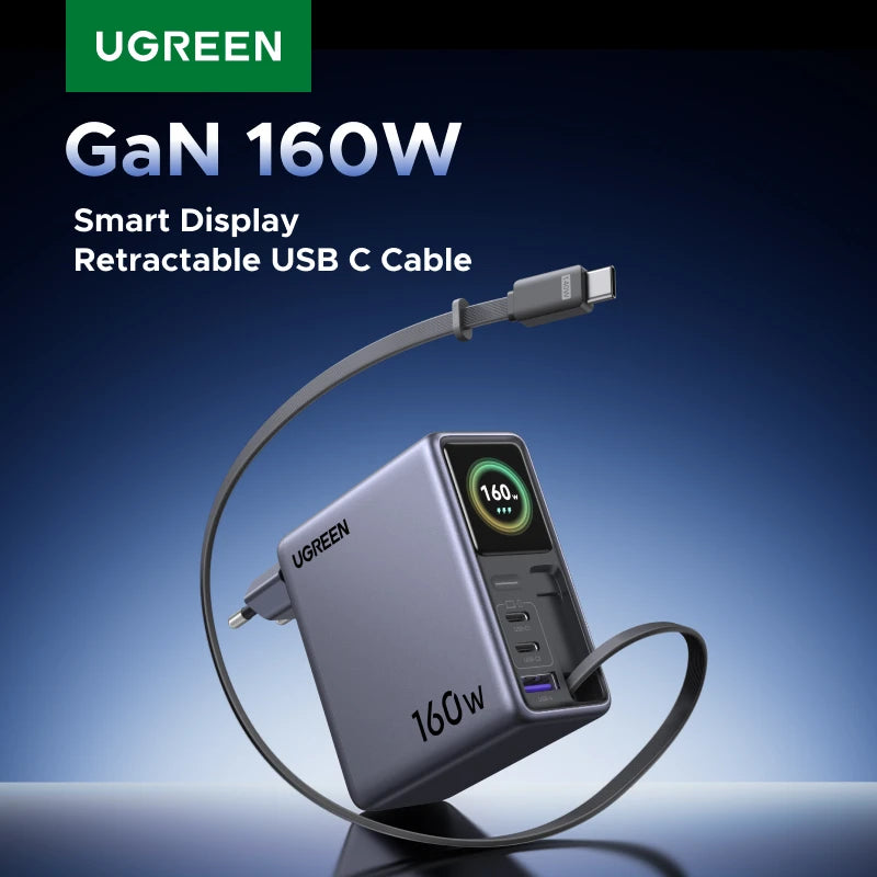 UGREEN 160W Smart Display GaN Charger With Retractable Cable AVS PD 3.1 QC4.0 EU Foldable For MacBook Pro Laptop iPhone Samsung