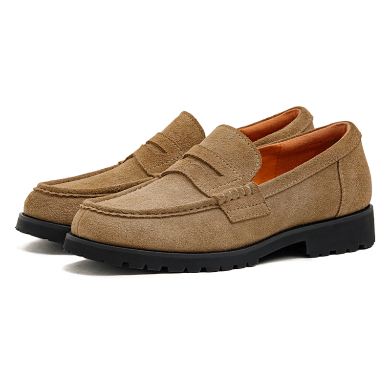 Maden Men's Vintage Brown Suede Cowhide Leather Penny Loafers Old Money Style Slip-On Shoes Dress Casual Low Top Boots for Fall