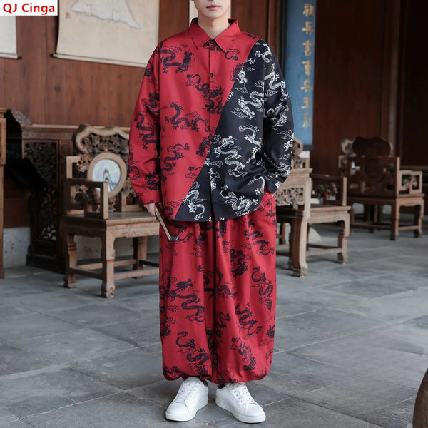 Unisex Street Dance/hip-hop Performance Attire, Loose Fit, Color-blocked Set with A Chinese Dragon Print. (Shirt and Pants)