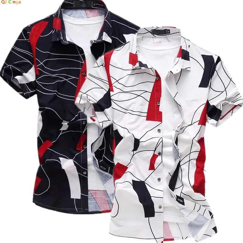 2026 Summer White Men's Stretch Short-sleeved Shirt, Navy Blue Single-breasted Collar Shirts, Beach Vacation Top, Asian Size