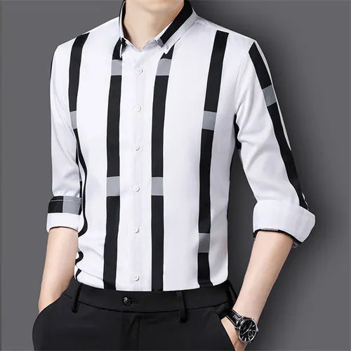 Black Striped Long Sleeve Shirt, Men's Single Breasted Shirts, with Square Collar Yellow Brown Camisas Para Hombre M-5XL
