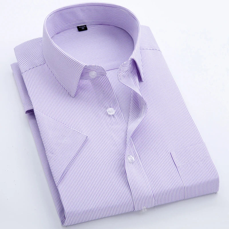 Summer Men's Vertical Striped Short-sleeved Cotton Shirt, Single-breasted Square Collar Shirts with A Pocket on The Left Chest