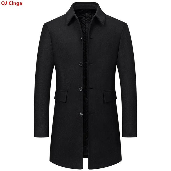 New Winter Men's Dark Gray Tweed Trench Coat—a Warm, Long Jacket with A Black Single-breasted Lapel.