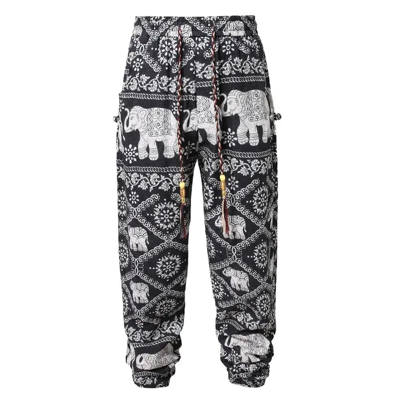 Men Black Drawstring Trousers White Print Cotton Casual Pants Perfect for Spring Summer Season Comfortable Loose Fit Sweatpants