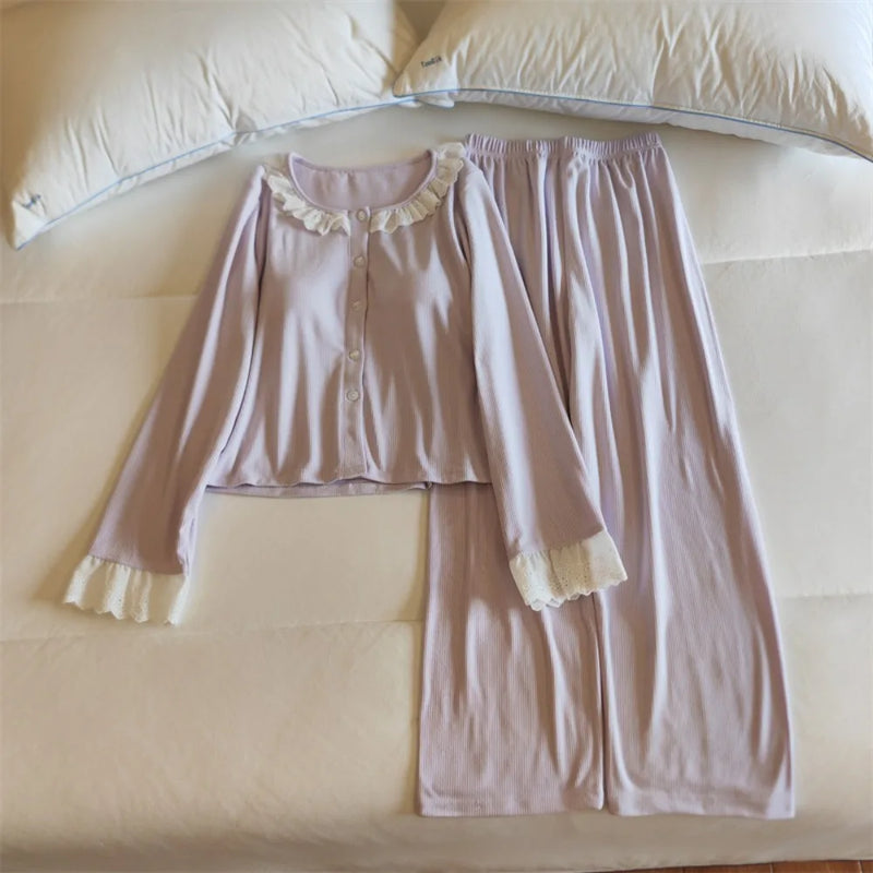 Chest Pads Sleepwear Women's Pajamas with Pants Home Wear Spring Autumn Long Sleeve Two-piece Loungewear Sets Woman Pyjamas